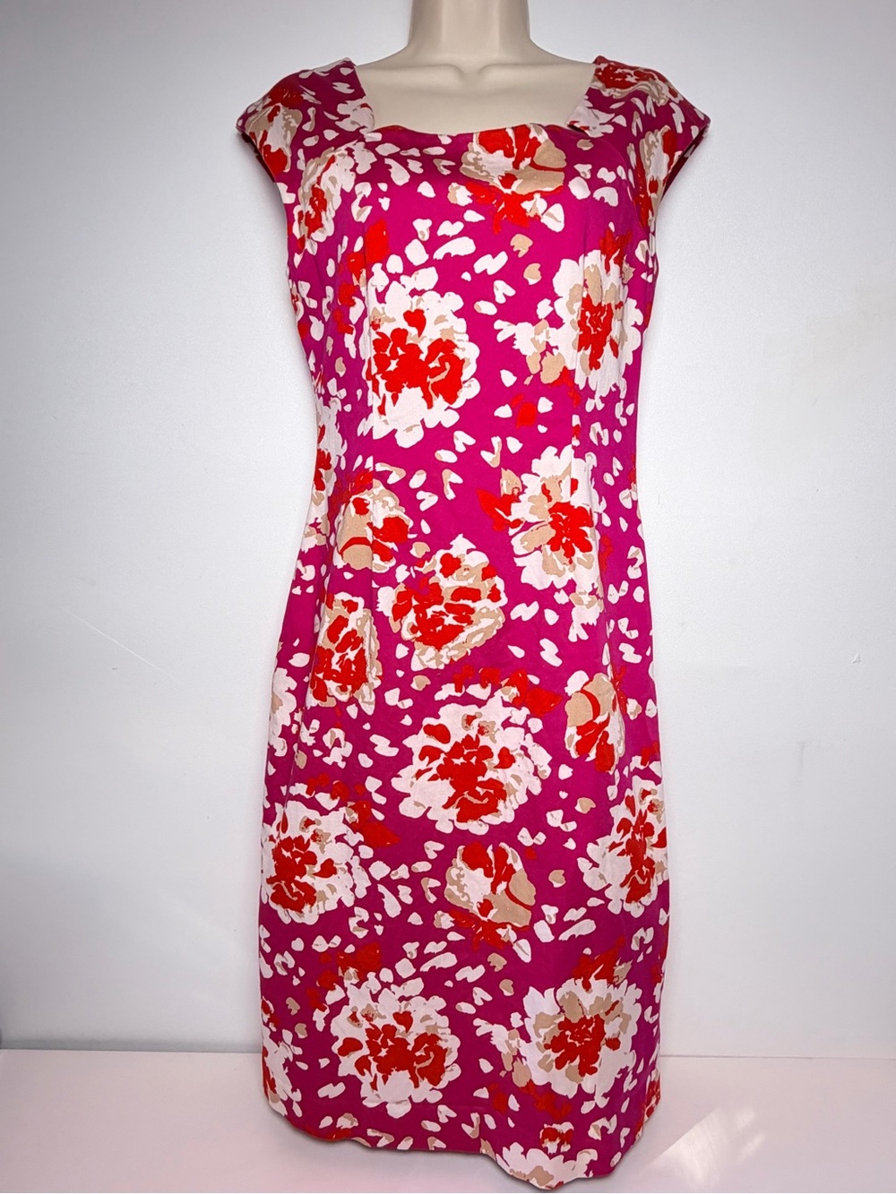 L.K. Bennett Pink Floral Square Neck Cap Sleeve Sheath Dress Women Size 8